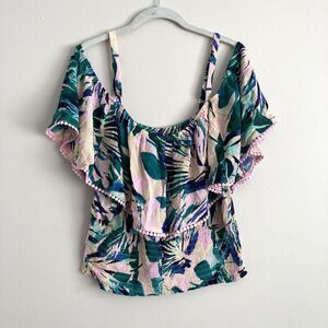 Torrid Floral Gauze Crinkle Cold Shoulder Ruffle Top SIZE 1 New Pink Green